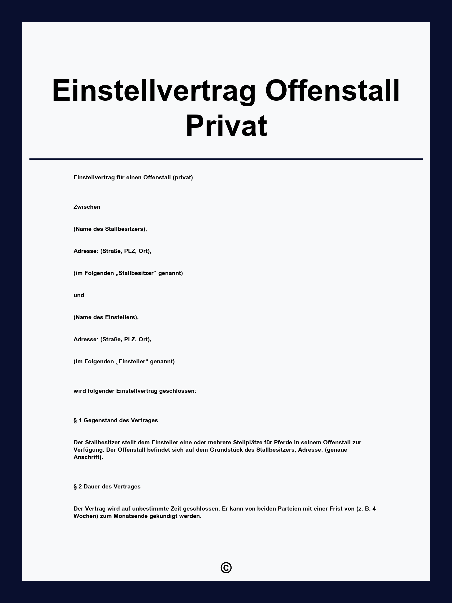 Einstellvertrag Offenstall Privat